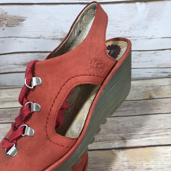 Fly London Ylfa Open Toe Wedge Sandals Womens Size 40 (9) Lace Up Red Slingback - Picture 10 of 12